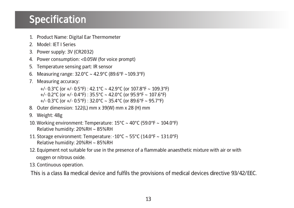 Specification | Kinetik Thermometer IET1C User Manual | Page 14 / 19