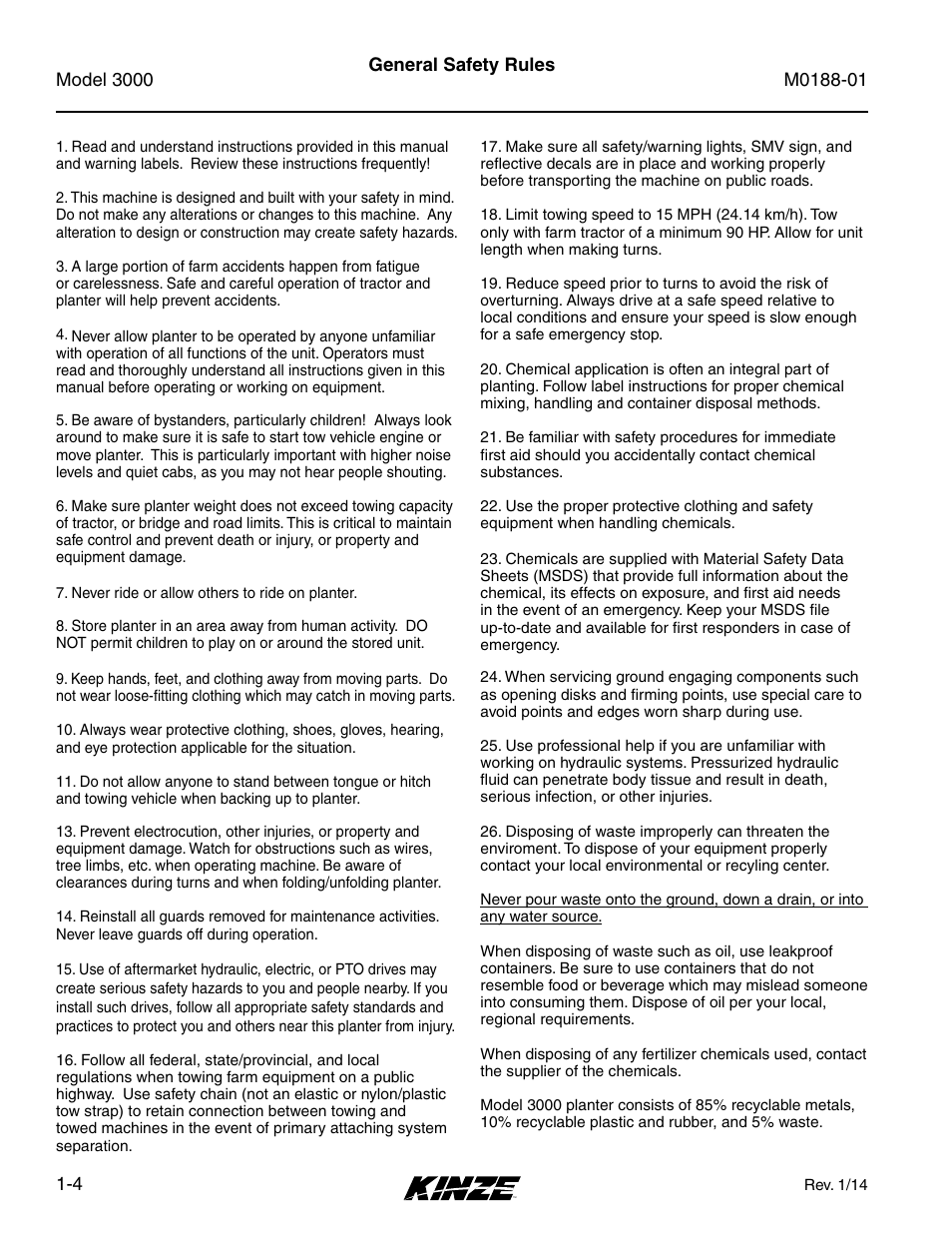 General safety rules, General safety rules -4 | Kinze 3000 Rigid Frame Planter Rev. 6/14 User Manual | Page 10 / 168