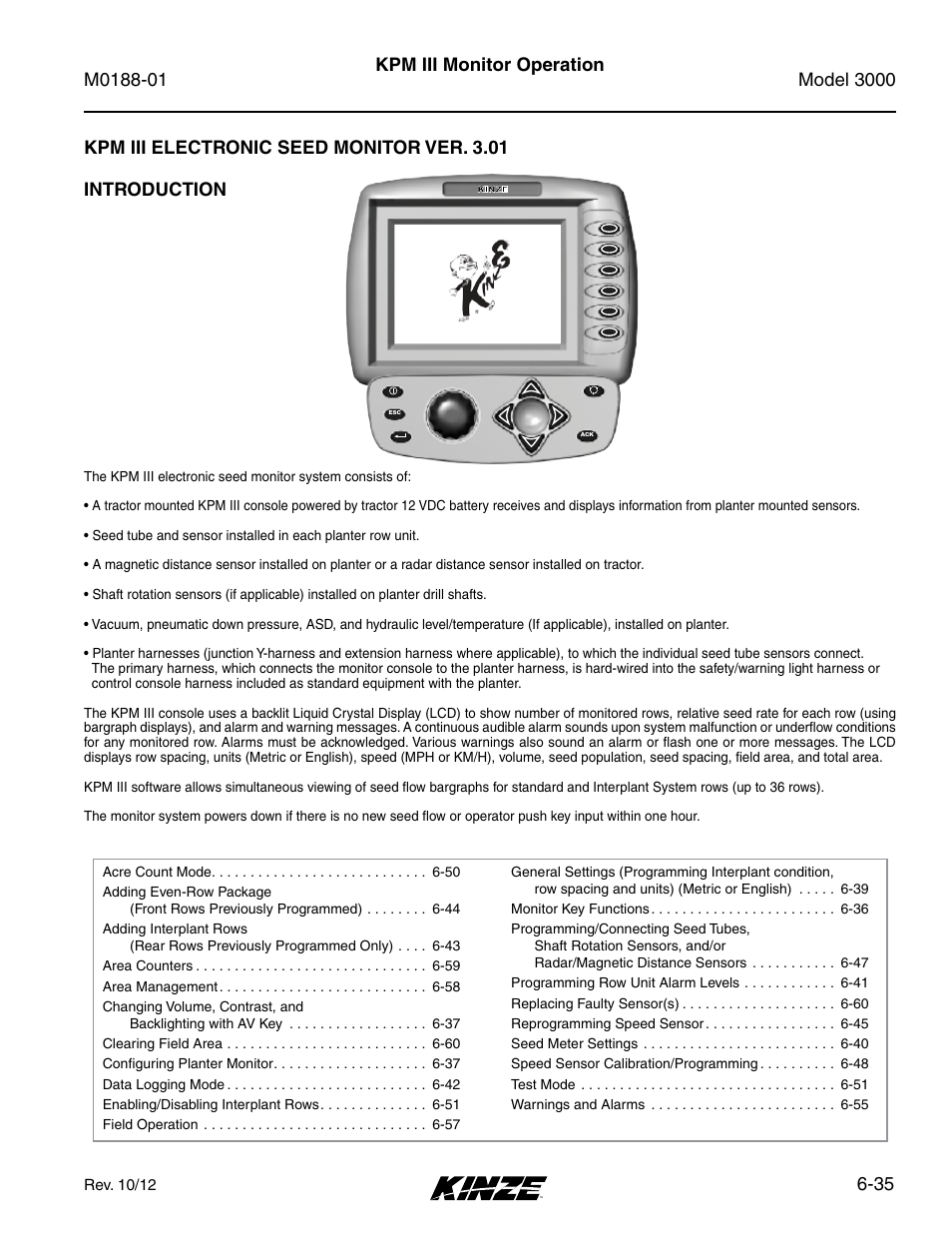 Kpm iii electronic seed monitor ver. 3.01, Kpm iii electronic seed monitor ver. 3.01 -35, 35 kpm iii monitor operation | Kinze 3000 Rigid Frame Planter Rev. 6/14 User Manual | Page 105 / 168