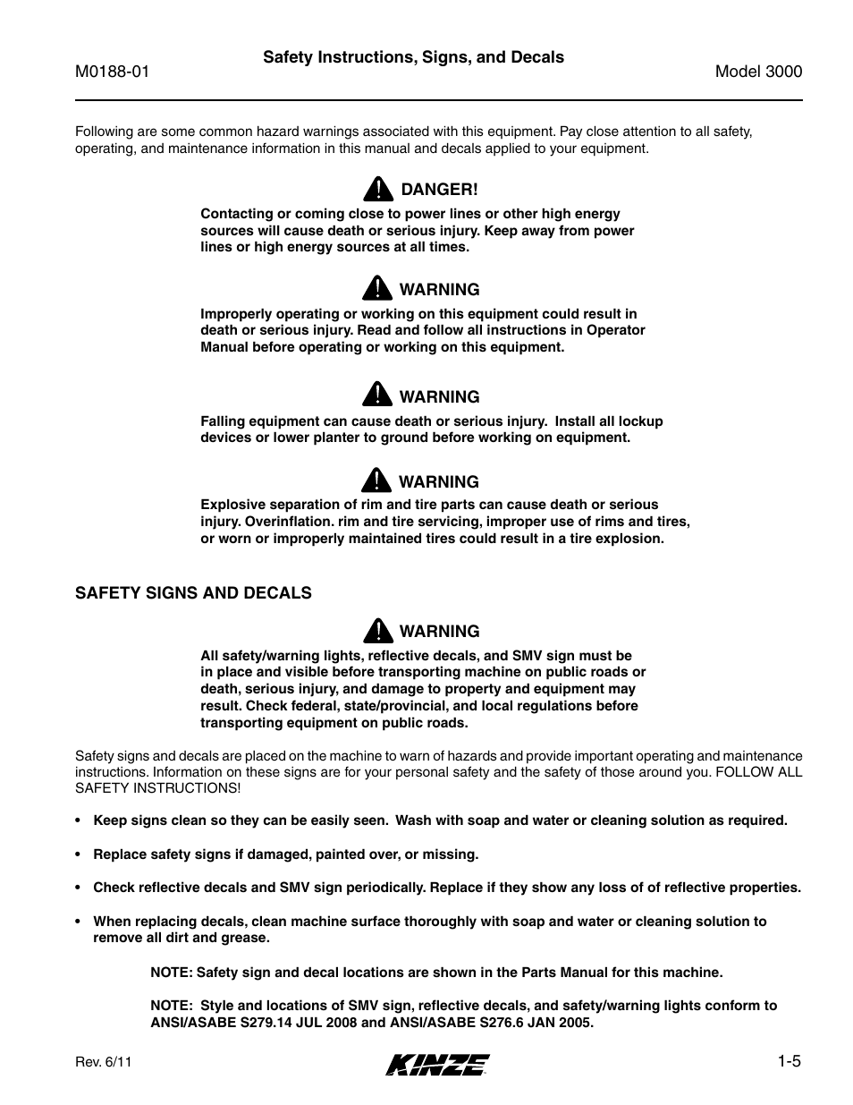 Safety instructions, signs, and decals, Safety instructions, signs, and decals -5 | Kinze 3000 Rigid Frame Planter Rev. 6/14 User Manual | Page 11 / 168