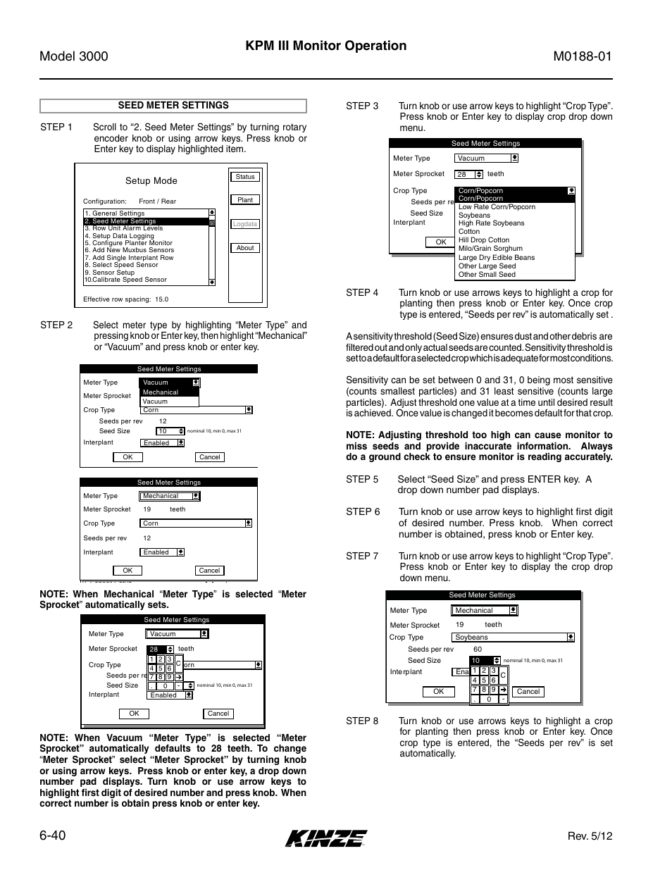 Seed meter settings, Seed meter settings -40, Kpm iii monitor operation | Rev. 5/12 | Kinze 3000 Rigid Frame Planter Rev. 6/14 User Manual | Page 110 / 168