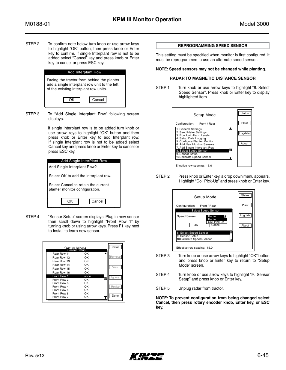 Reprogramming speed sensor, Reprogramming speed sensor -45, 45 kpm iii monitor operation | Setup mode | Kinze 3000 Rigid Frame Planter Rev. 6/14 User Manual | Page 115 / 168