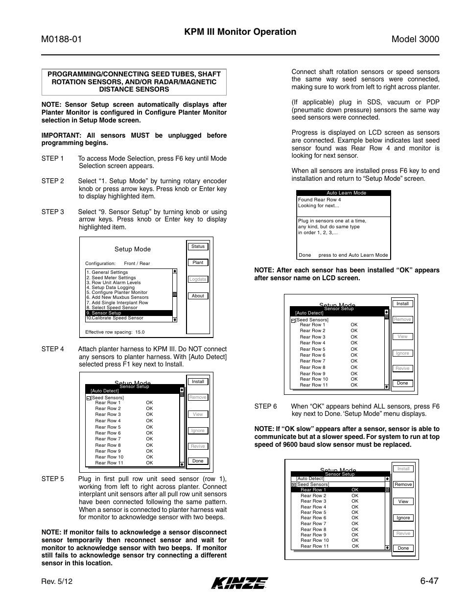 47 kpm iii monitor operation, Rev. 5/12 | Kinze 3000 Rigid Frame Planter Rev. 6/14 User Manual | Page 117 / 168