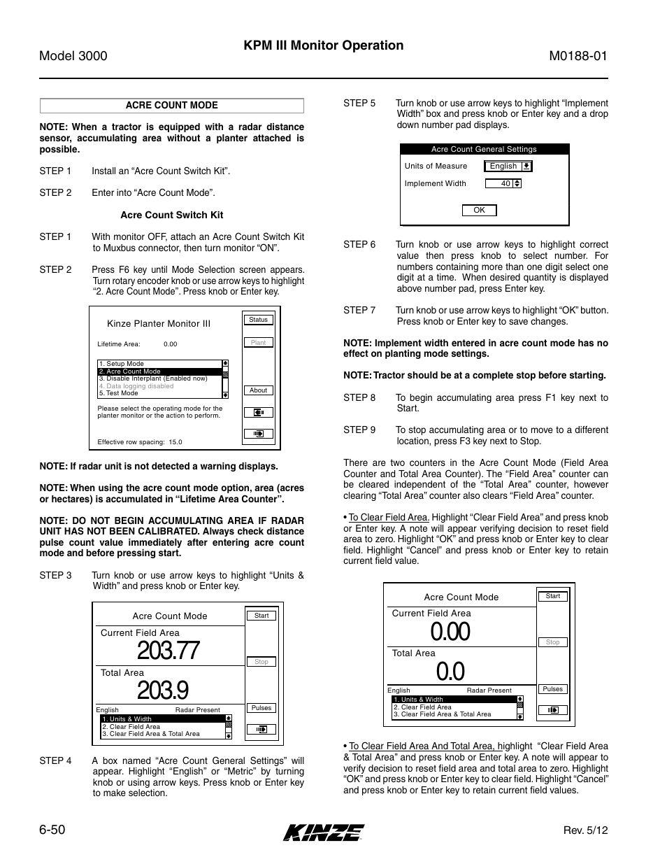 Acre count mode, Acre count mode -50, Kpm iii monitor operation | Kinze 3000 Rigid Frame Planter Rev. 6/14 User Manual | Page 120 / 168
