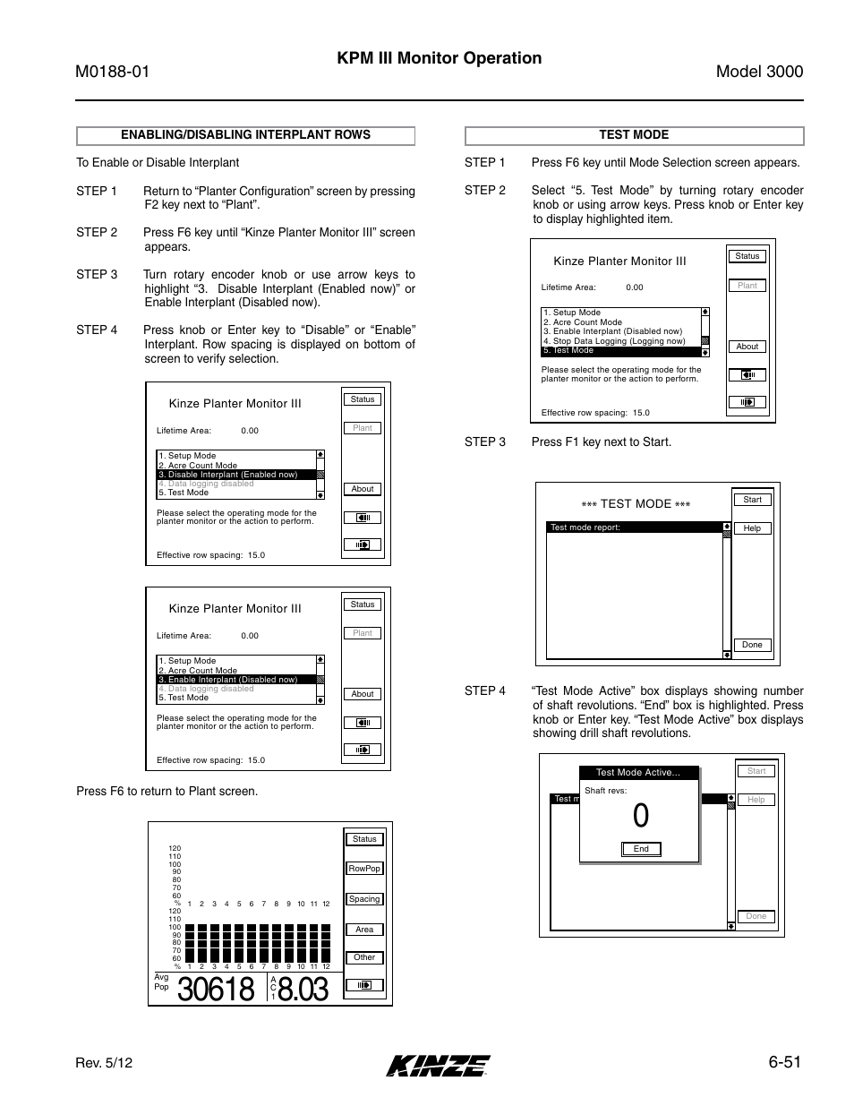 Enabling/disabling interplant rows, Test mode, Enabling/disabling interplant rows -51 | Test mode -51, 51 kpm iii monitor operation, Rev. 5/12 | Kinze 3000 Rigid Frame Planter Rev. 6/14 User Manual | Page 121 / 168