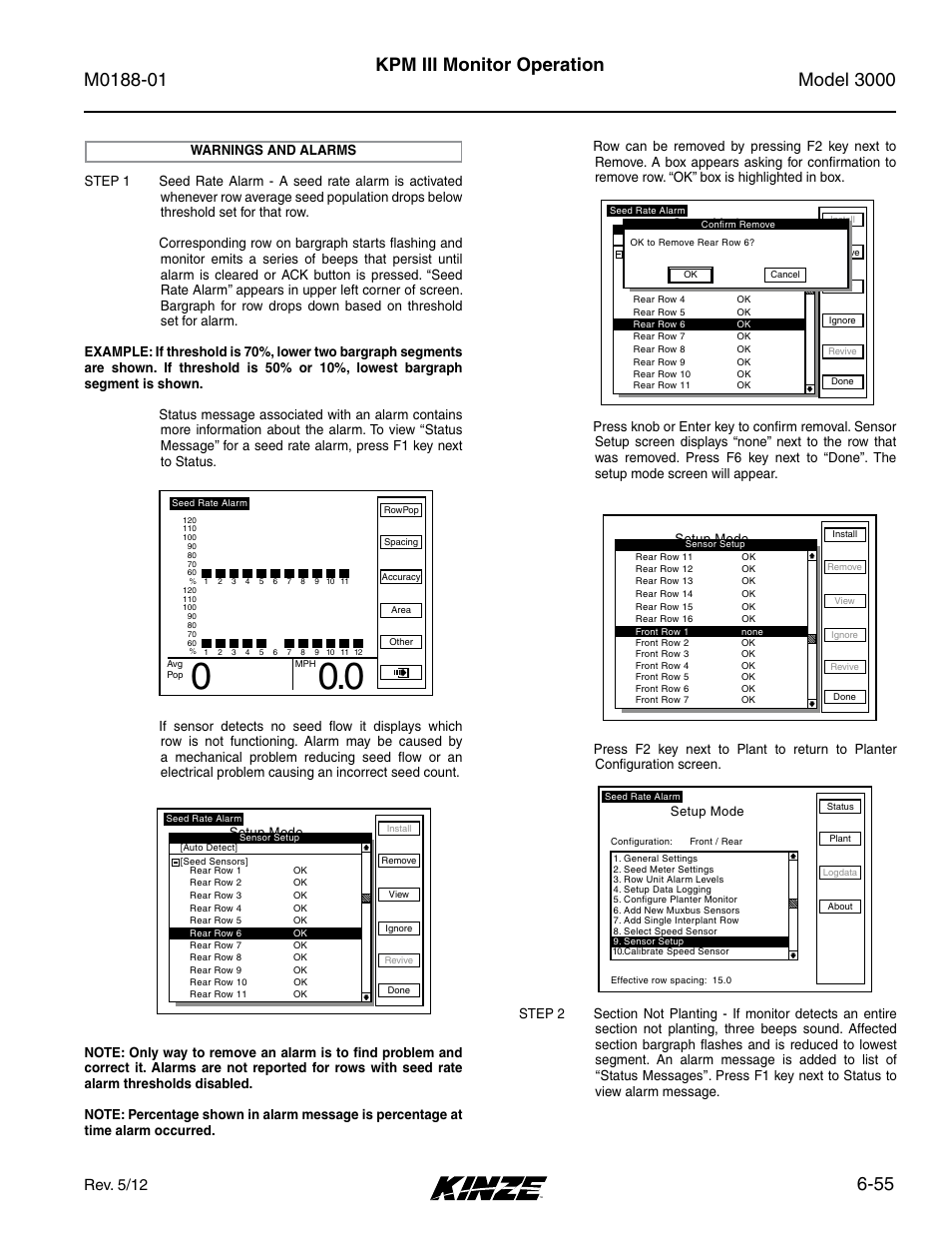 Warnings and alarms, Warnings and alarms -55, 55 kpm iii monitor operation | Rev. 5/12 | Kinze 3000 Rigid Frame Planter Rev. 6/14 User Manual | Page 125 / 168