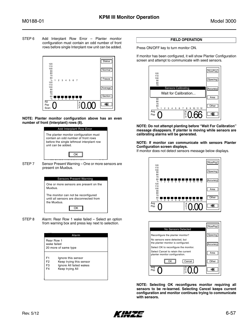 Field operation, Field operation -57, 57 kpm iii monitor operation | Rev. 5/12, Setup mode | Kinze 3000 Rigid Frame Planter Rev. 6/14 User Manual | Page 127 / 168