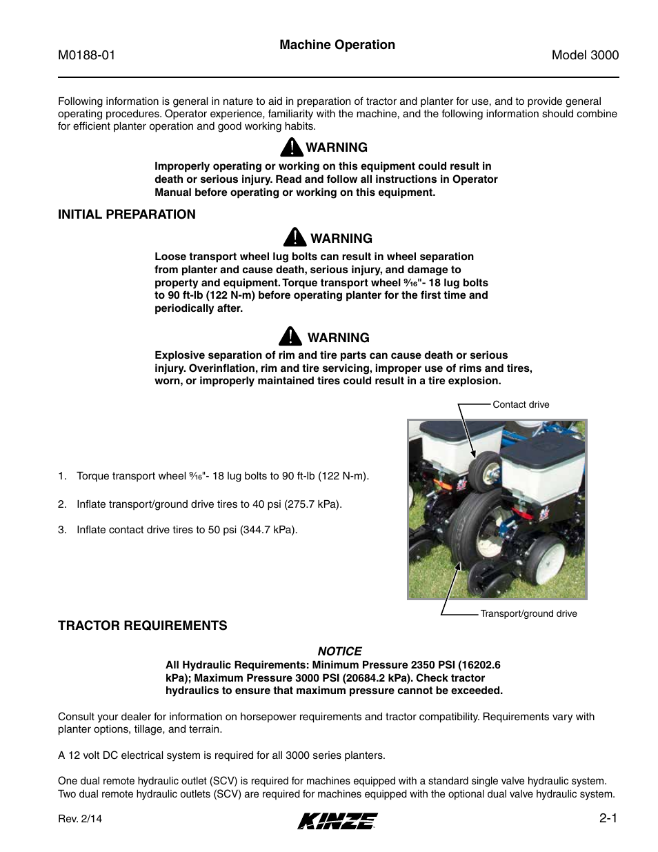 Machine operation, Initial preparation, Tractor requirements | Initial preparation -1, Tractor requirements -1 | Kinze 3000 Rigid Frame Planter Rev. 6/14 User Manual | Page 13 / 168