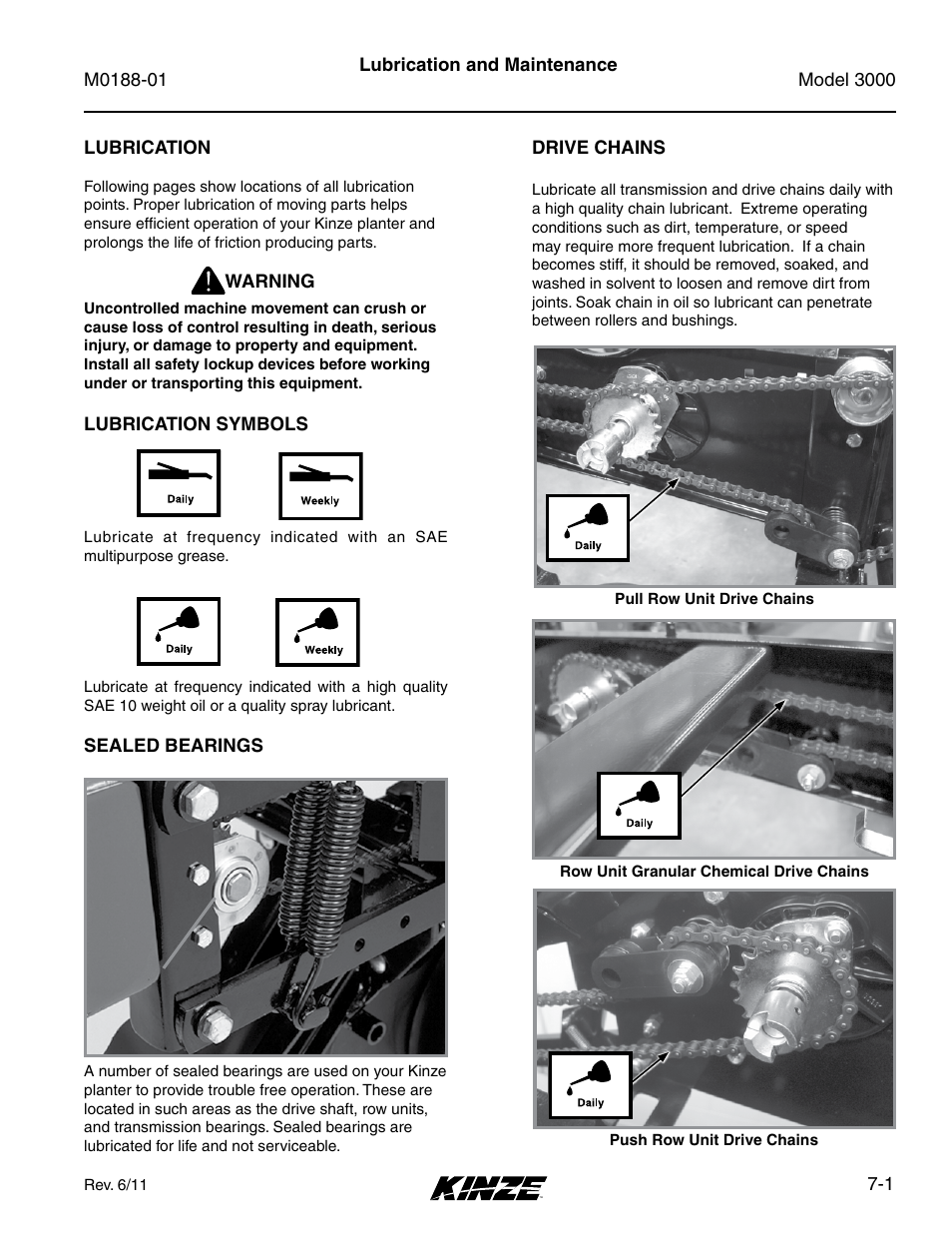 Lubrication and maintenance, Lubrication, Lubrication symbols | Sealed bearings, Drive chains, Lubrication -1, Lubrication symbols -1, Sealed bearings -1, Drive chains -1 | Kinze 3000 Rigid Frame Planter Rev. 6/14 User Manual | Page 131 / 168