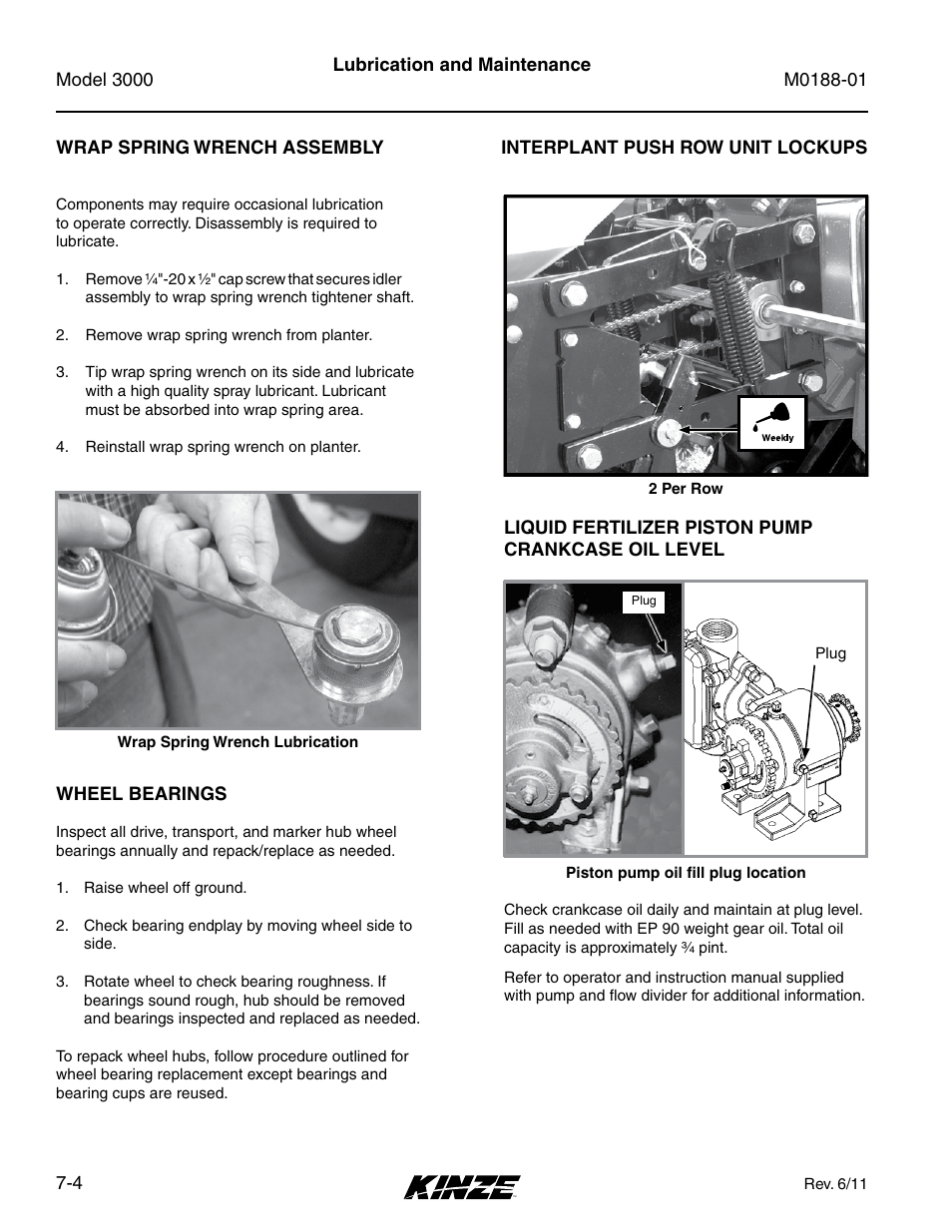 Wrap spring wrench assembly, Wheel bearings, Interplant push row unit lockups | Liquid fertilizer piston pump crankcase oil level, Wrap spring wrench assembly -4, Wheel bearings -4, Interplant push row unit lockups -4 | Kinze 3000 Rigid Frame Planter Rev. 6/14 User Manual | Page 134 / 168