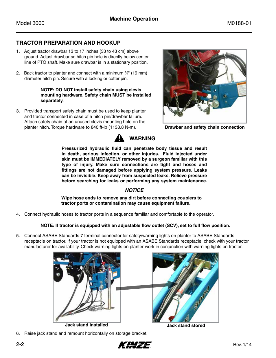 Tractor preparation and hookup, Tractor preparation and hookup -2 | Kinze 3000 Rigid Frame Planter Rev. 6/14 User Manual | Page 14 / 168