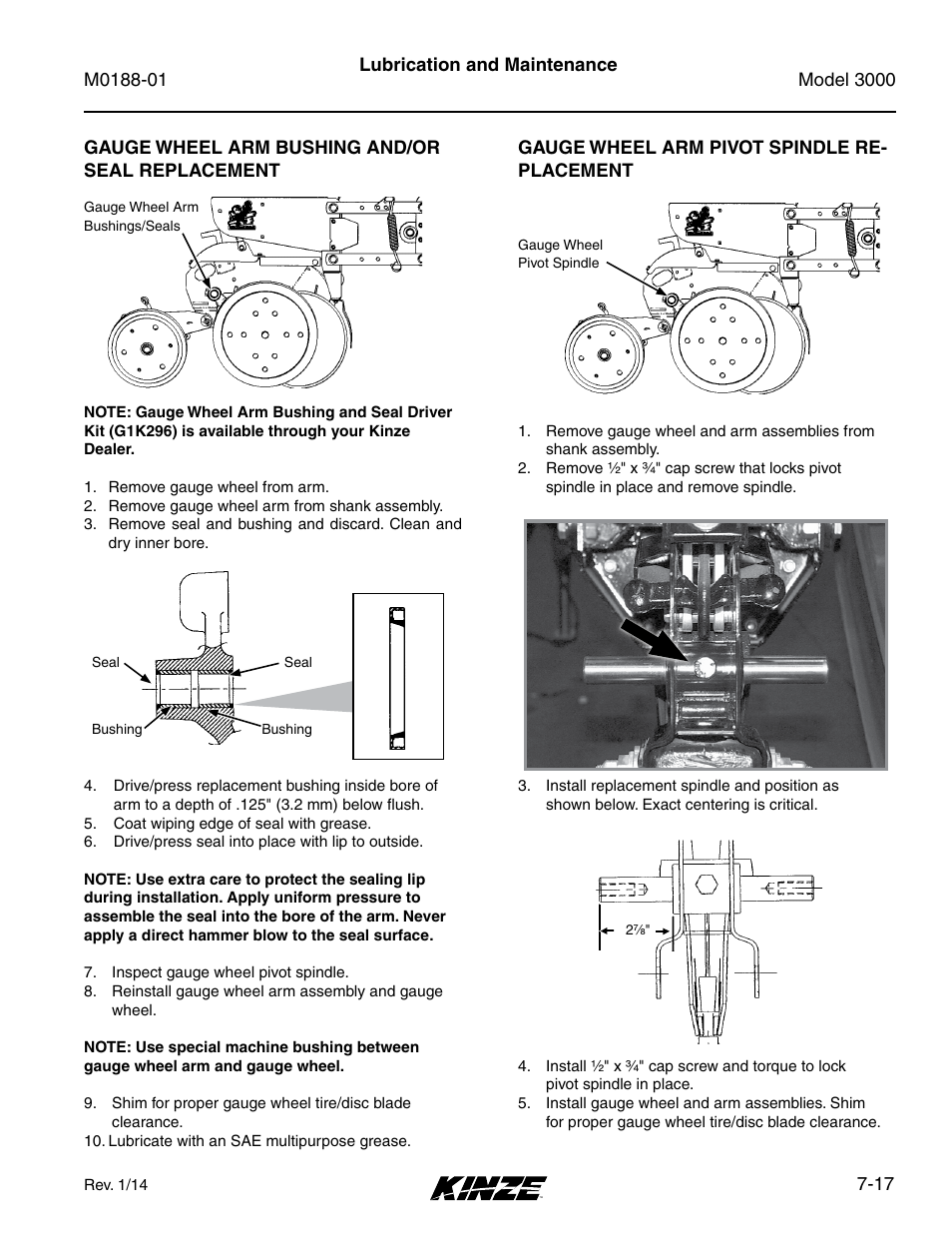 Gauge wheel arm bushing and/or seal replacement, Gauge wheel arm pivot spindle replacement, Gauge wheel arm pivot spindle replacement -17 | Kinze 3000 Rigid Frame Planter Rev. 6/14 User Manual | Page 147 / 168