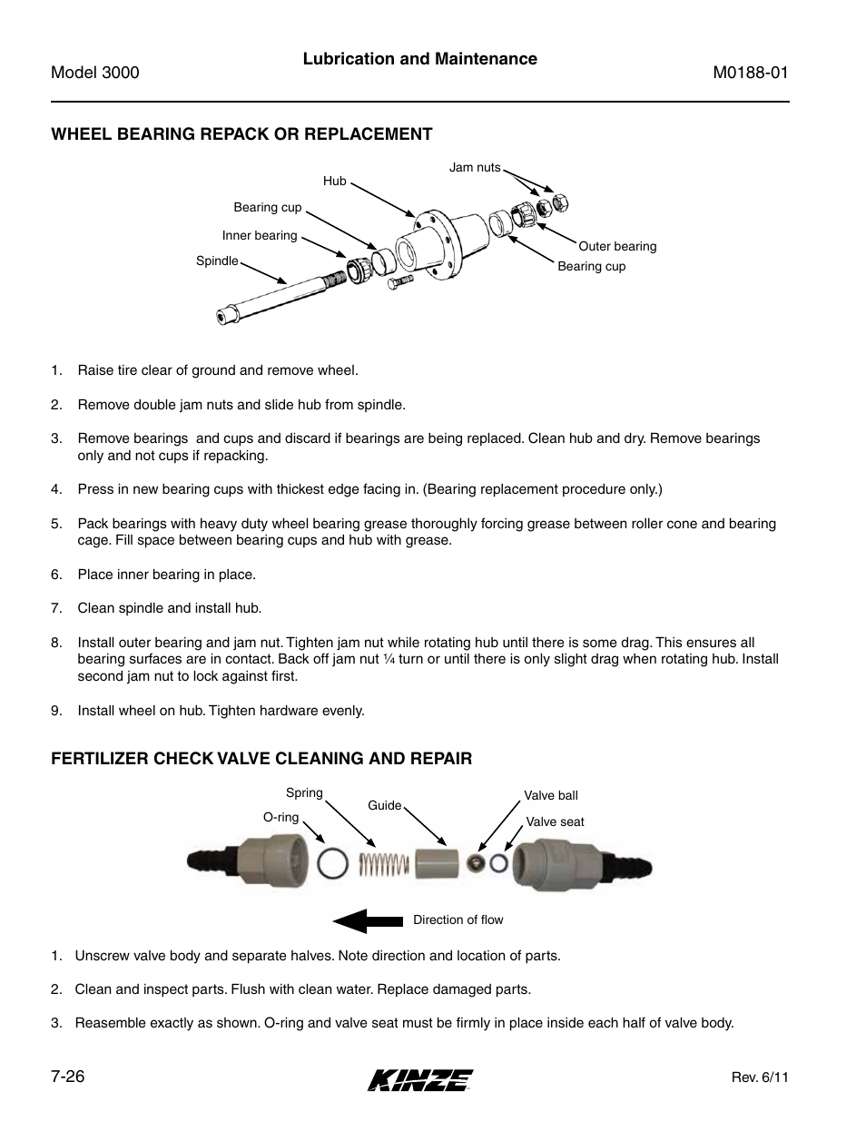 Wheel bearing repack or replacement, Fertilizer check valve cleaning and repair, Wheel bearing repack or replacement -26 | Fertilizer check valve cleaning and repair -26 | Kinze 3000 Rigid Frame Planter Rev. 6/14 User Manual | Page 156 / 168
