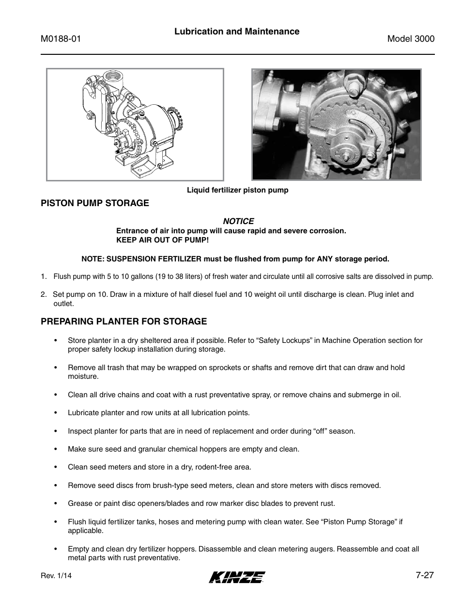 Piston pump storage, Preparing planter for storage, Piston pump storage -27 | Preparing planter for storage -27 | Kinze 3000 Rigid Frame Planter Rev. 6/14 User Manual | Page 157 / 168