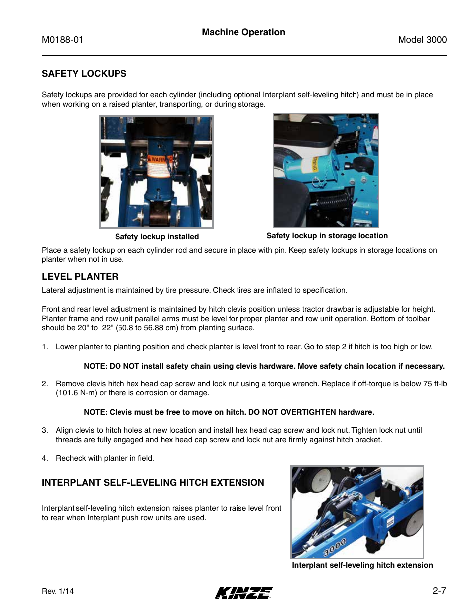 Safety lockups, Level planter, Interplant self-leveling hitch extension | Safety lockups -7, Level planter -7, Interplant self-leveling hitch extension -7 | Kinze 3000 Rigid Frame Planter Rev. 6/14 User Manual | Page 19 / 168