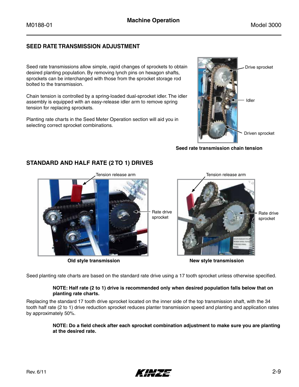 Seed rate transmission adjustment, Standard and half rate (2 to 1) drives, Seed rate transmission adjustment -9 | Standard and half rate (2 to 1) drives -9 | Kinze 3000 Rigid Frame Planter Rev. 6/14 User Manual | Page 21 / 168