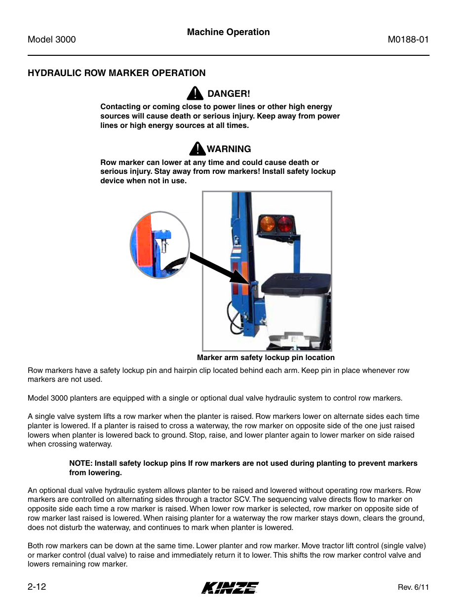 Hydraulic row marker operation, Hydraulic row marker operation -12 | Kinze 3000 Rigid Frame Planter Rev. 6/14 User Manual | Page 24 / 168