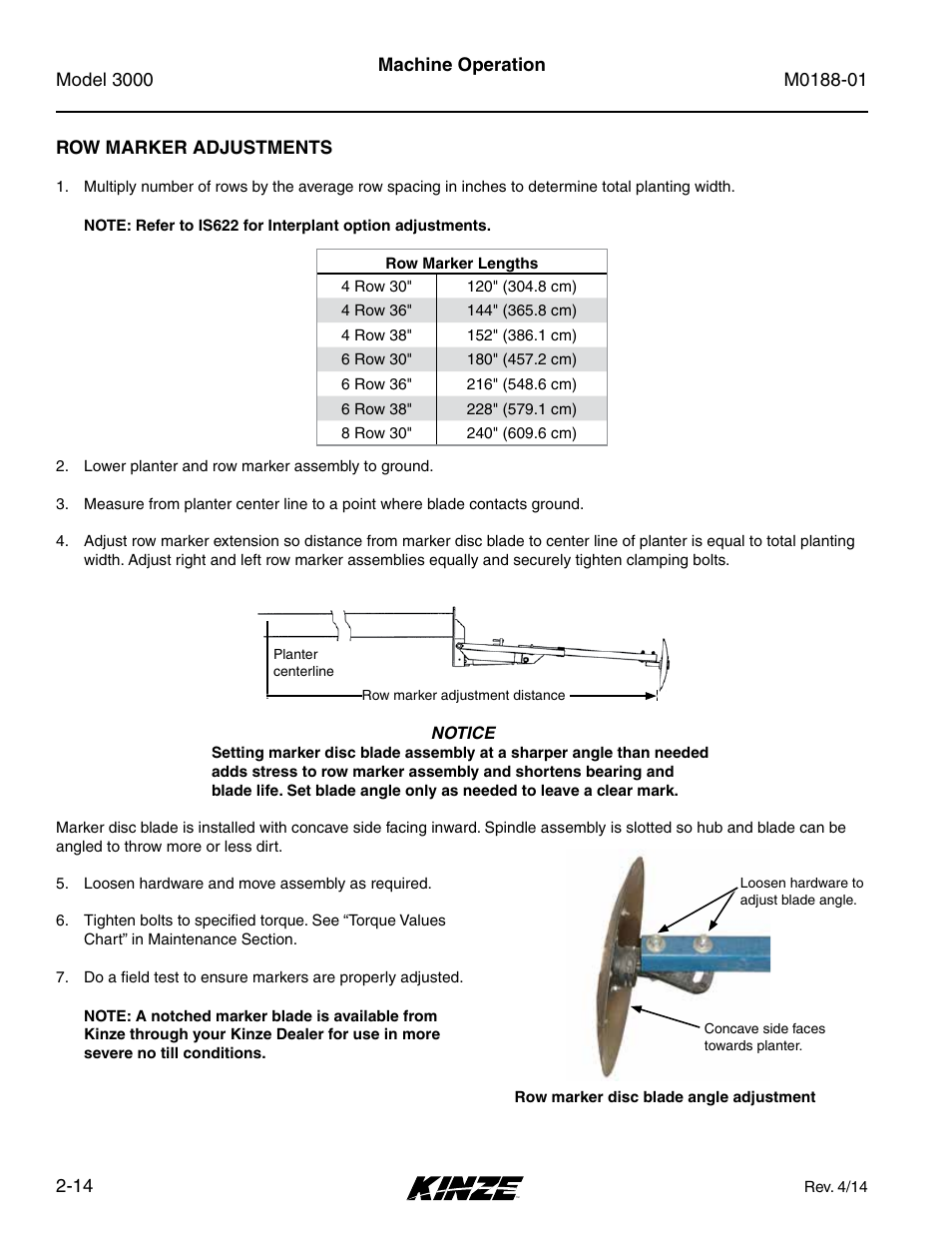 Row marker adjustments, Row marker adjustments -14 | Kinze 3000 Rigid Frame Planter Rev. 6/14 User Manual | Page 26 / 168