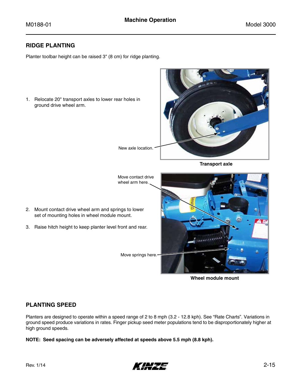 Ridge planting, Planting speed, Ridge planting -15 | Planting speed -15 | Kinze 3000 Rigid Frame Planter Rev. 6/14 User Manual | Page 27 / 168