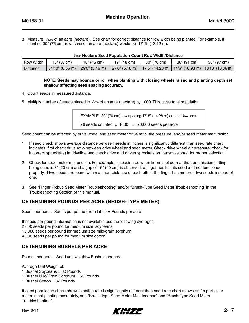 Determining pounds per acre (brush-type meter), Determining bushels per acre, Determining pounds per acre (brush-type meter) -17 | Determining bushels per acre -17 | Kinze 3000 Rigid Frame Planter Rev. 6/14 User Manual | Page 29 / 168