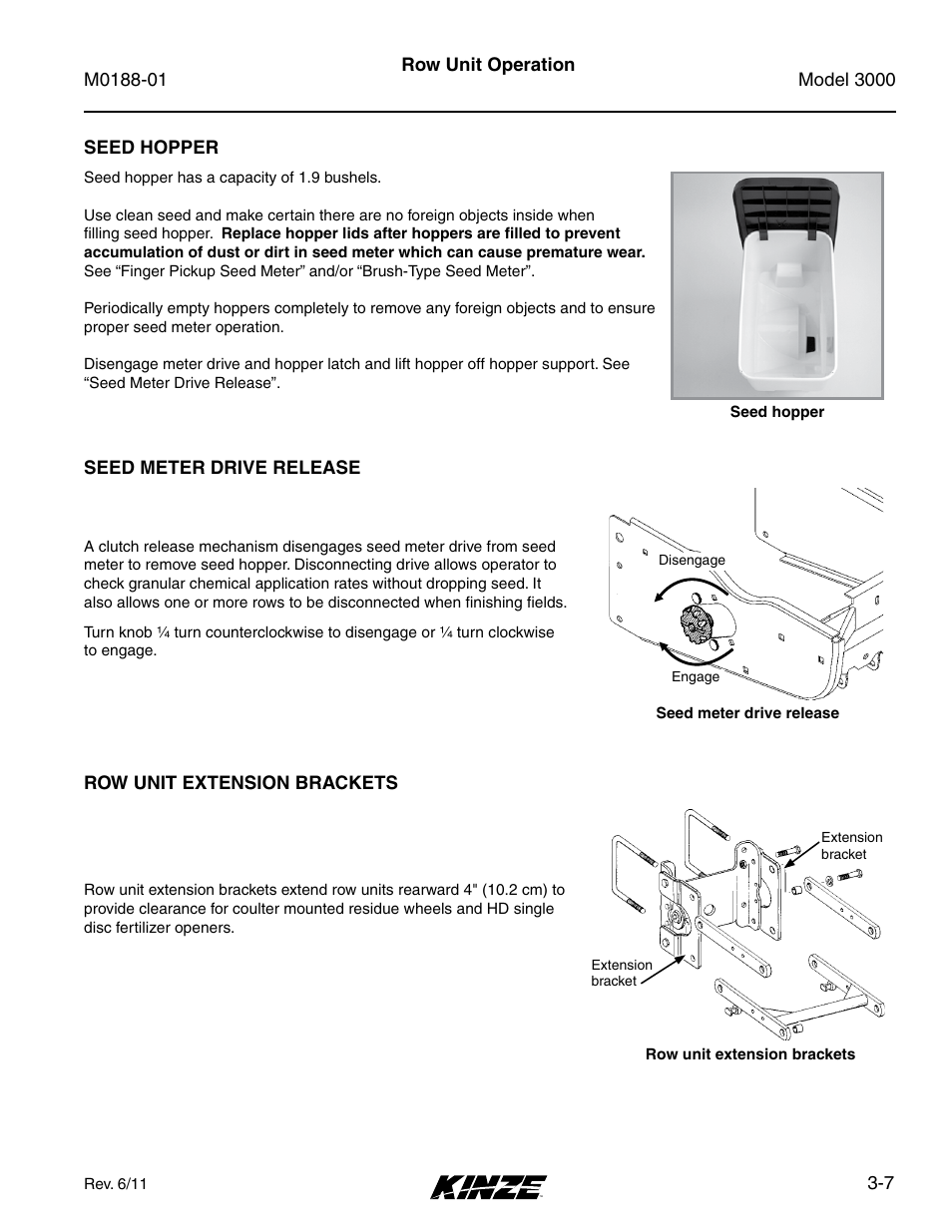 Seed hopper, Seed meter drive release, Row unit extension brackets | Seed hopper -7, Seed meter drive release -7, Row unit extension brackets -7 | Kinze 3000 Rigid Frame Planter Rev. 6/14 User Manual | Page 37 / 168