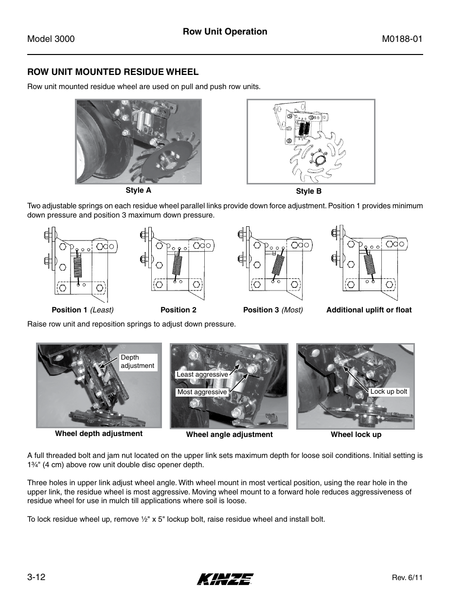 Row unit mounted residue wheel, Row unit mounted residue wheel -12 | Kinze 3000 Rigid Frame Planter Rev. 6/14 User Manual | Page 42 / 168