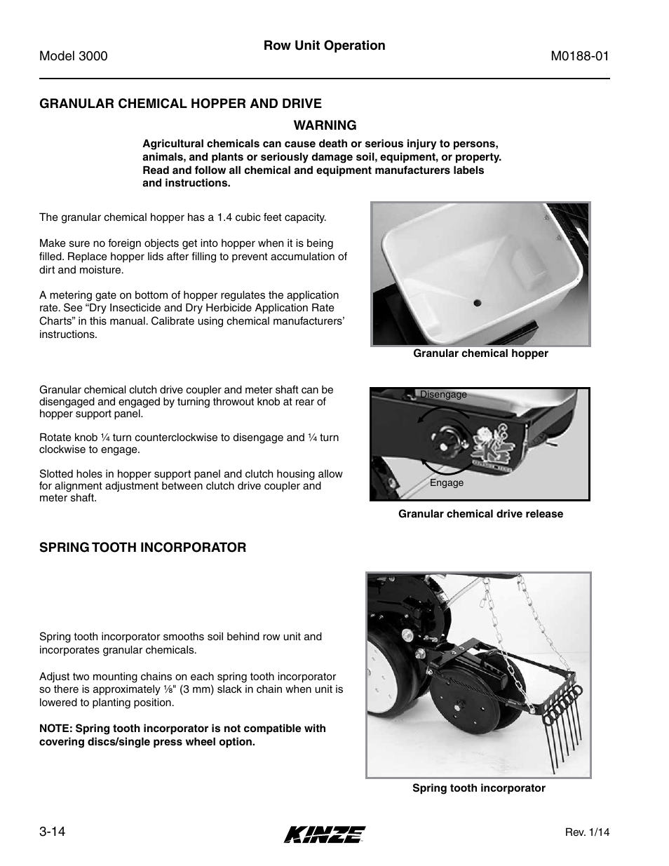 Granular chemical hopper and drive, Spring tooth incorporator, Granular chemical hopper and drive -14 | Spring tooth incorporator -14 | Kinze 3000 Rigid Frame Planter Rev. 6/14 User Manual | Page 44 / 168