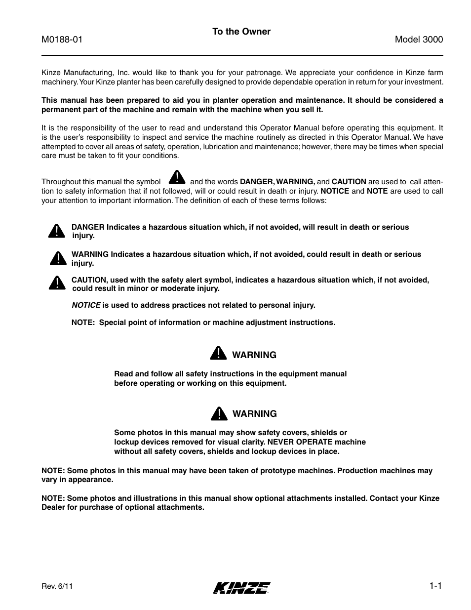 To the owner, To the owner -1 | Kinze 3000 Rigid Frame Planter Rev. 6/14 User Manual | Page 7 / 168