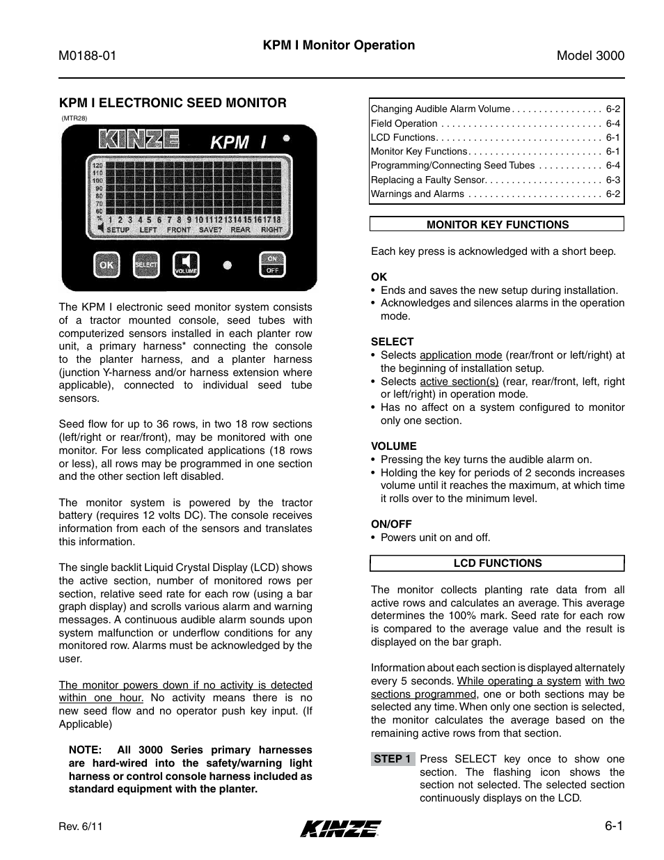Monitor operation, Kpm i electronic seed monitor, Lcd functions | Monitor key functions, Kpm i electronic seed monitor -1 | Kinze 3000 Rigid Frame Planter Rev. 6/14 User Manual | Page 71 / 168