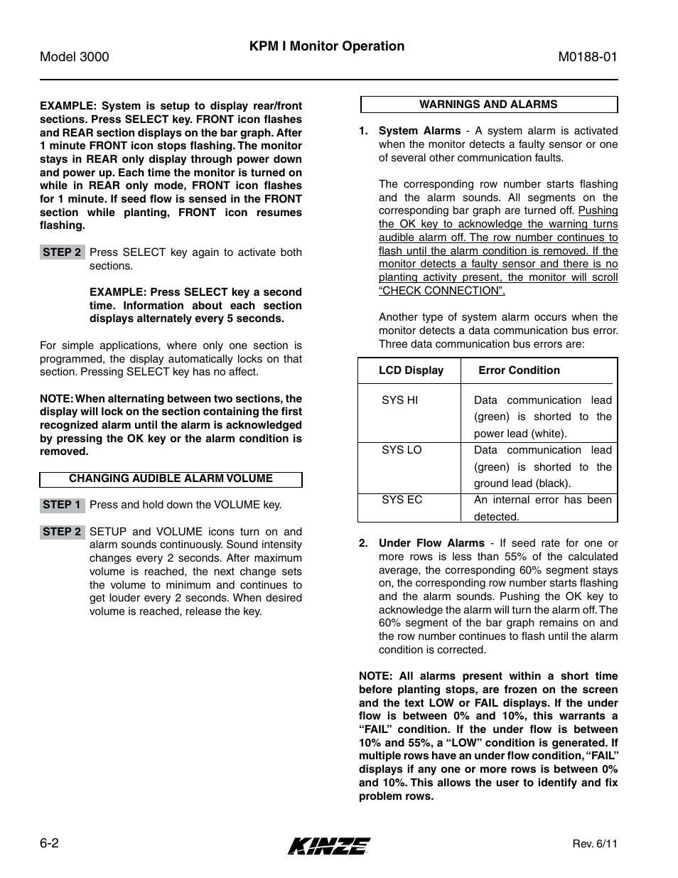 Changing audible alarm volume, Warnings and alarms, Changing audible alarm volume -2 | Warnings and alarms -2 | Kinze 3000 Rigid Frame Planter Rev. 6/14 User Manual | Page 72 / 168