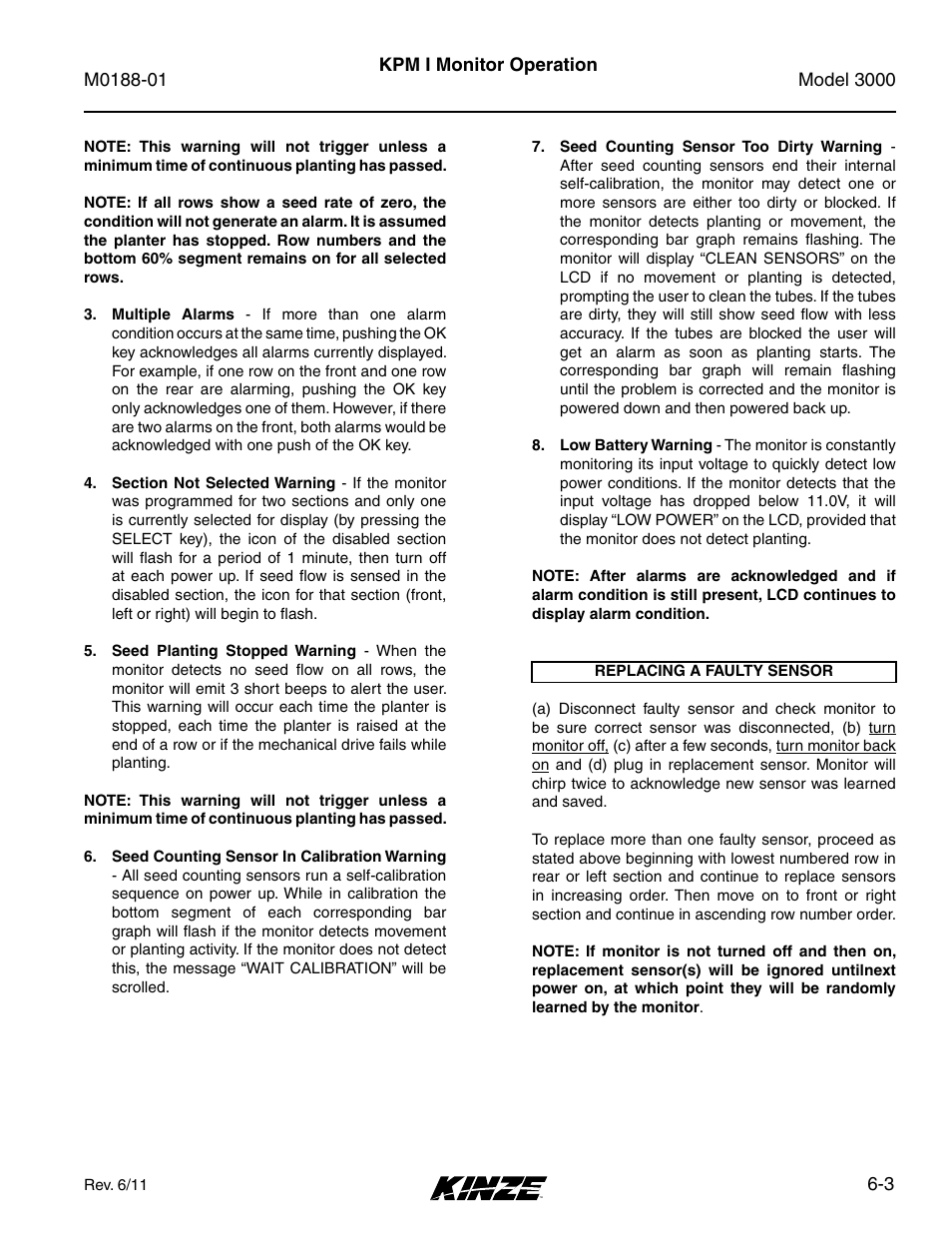 Replacing a faulty sensor, Replacing a faulty sensor -3 | Kinze 3000 Rigid Frame Planter Rev. 6/14 User Manual | Page 73 / 168
