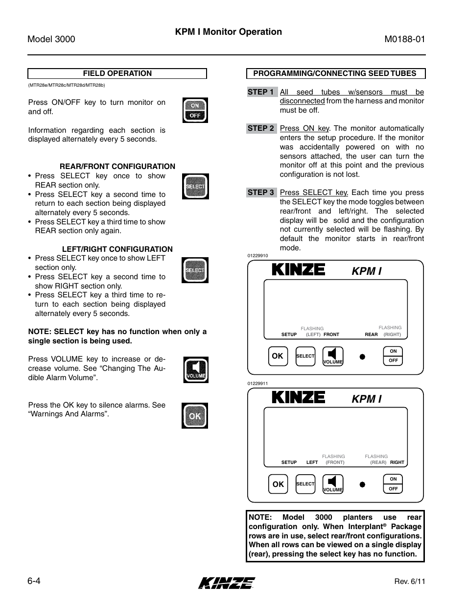 Field operation, Programming/connecting seed tubes, Field operation -4 | Programming/connecting seed tubes -4, Kpm i, Kpm i monitor operation | Kinze 3000 Rigid Frame Planter Rev. 6/14 User Manual | Page 74 / 168