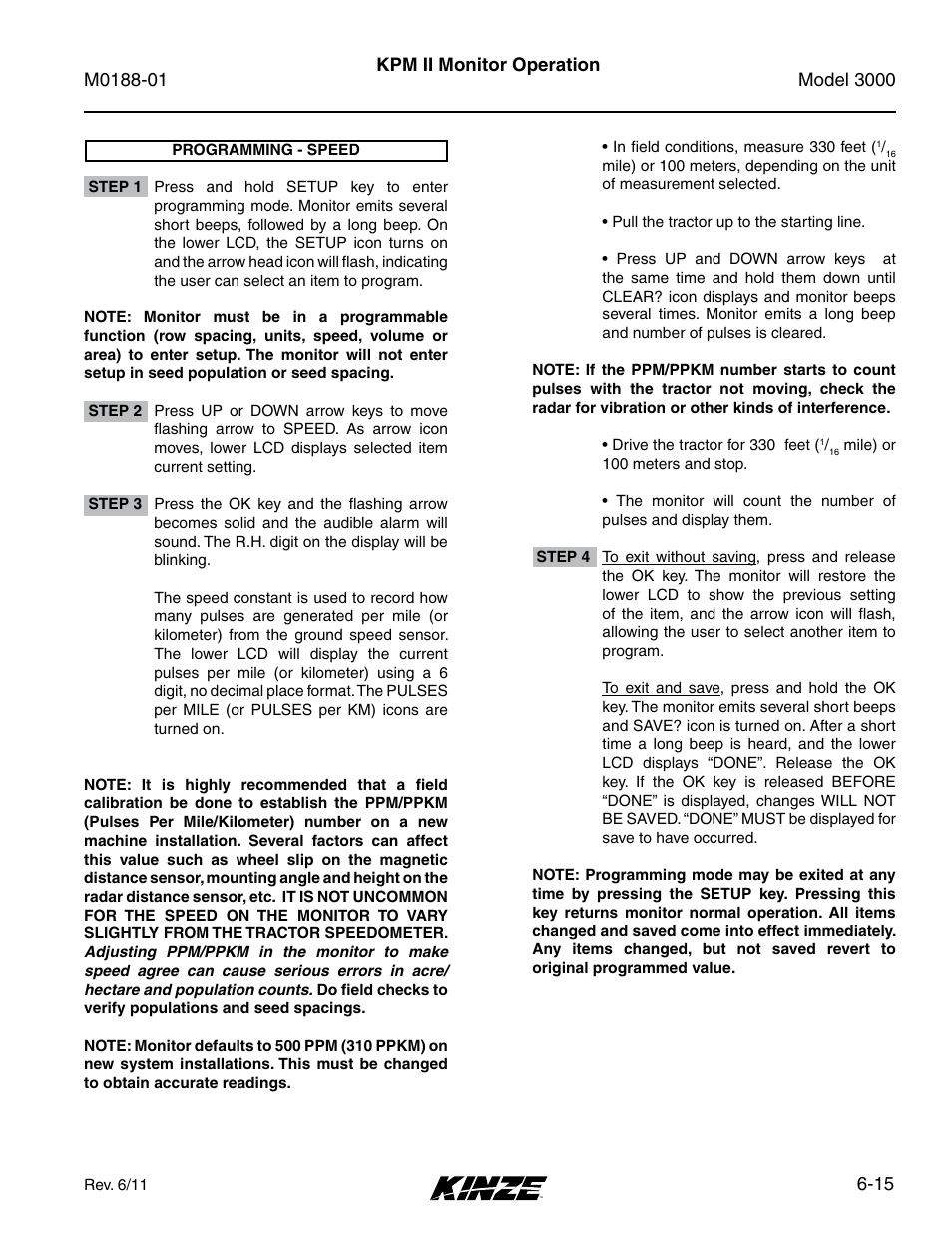 Programming - speed, Programming - speed -15, 15 kpm ii monitor operation | Kinze 3000 Rigid Frame Planter Rev. 6/14 User Manual | Page 85 / 168