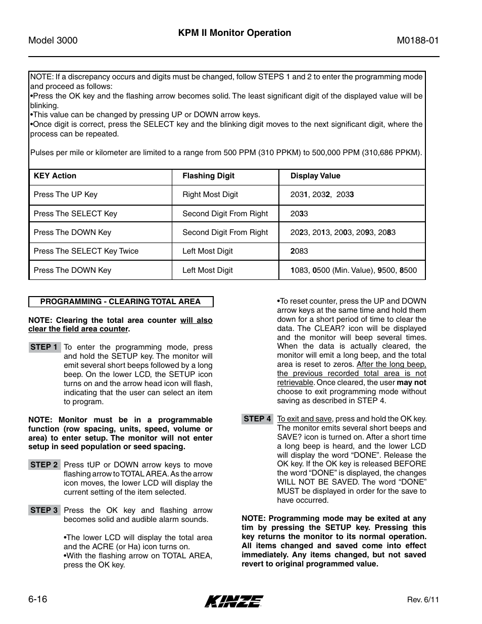 Programming - clearing total area, Programming - clearing total area -16 | Kinze 3000 Rigid Frame Planter Rev. 6/14 User Manual | Page 86 / 168