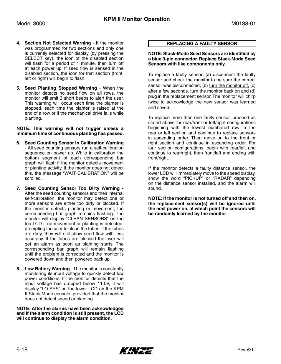 Replacing a faulty sensor, Replacing a faulty sensor -18 | Kinze 3000 Rigid Frame Planter Rev. 6/14 User Manual | Page 88 / 168