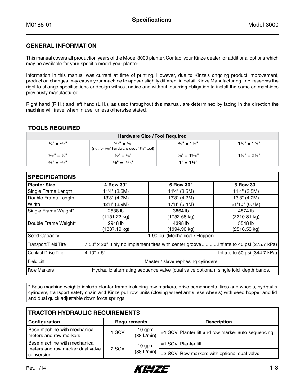 Specifications, Specifications -3 | Kinze 3000 Rigid Frame Planter Rev. 6/14 User Manual | Page 9 / 168