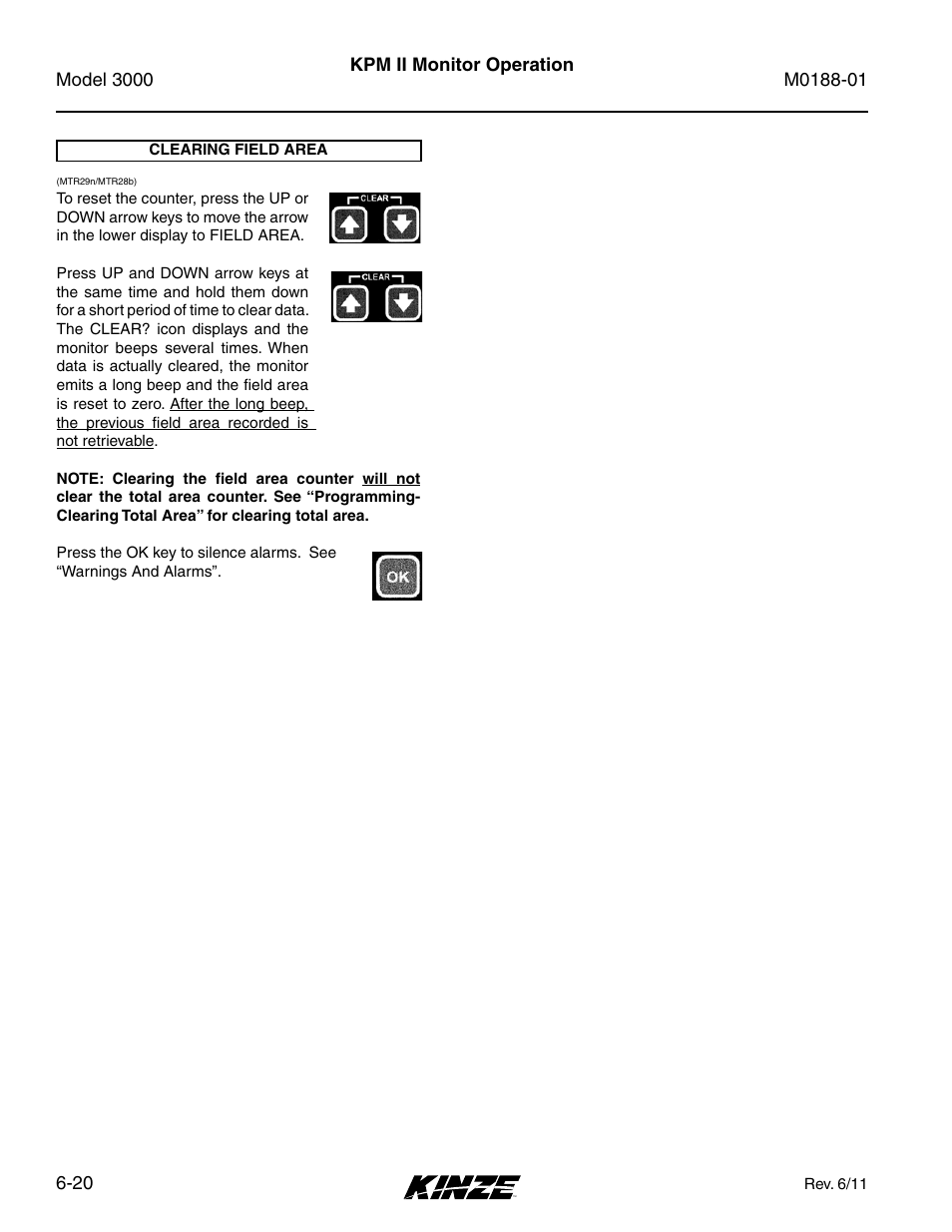 Clearing field area, Clearing field area -20, Kpm ii monitor operation | Kinze 3000 Rigid Frame Planter Rev. 6/14 User Manual | Page 90 / 168