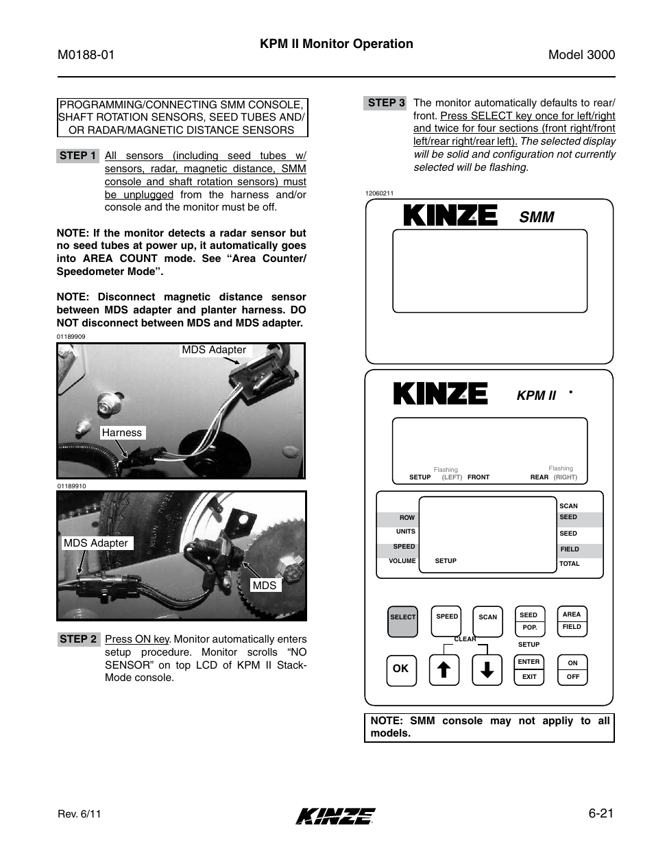 Programming/connecting smm console, Shaft rotation sensors, seed tubes and/or, Radar/magnetic distance sensors -21 | 21 kpm ii monitor operation, Kpm ii | Kinze 3000 Rigid Frame Planter Rev. 6/14 User Manual | Page 91 / 168