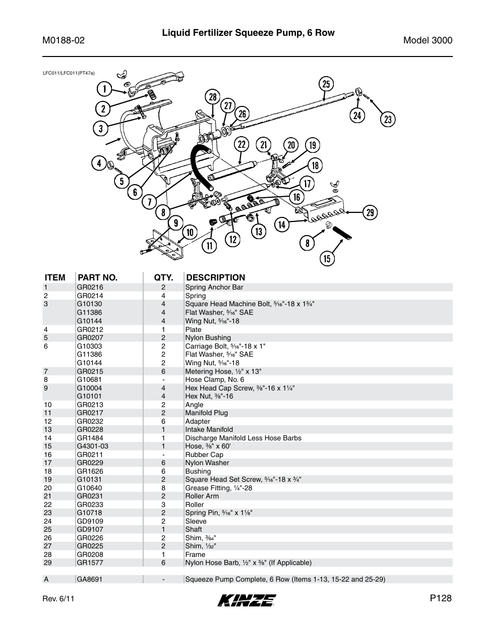 Liquid fertilizer squeeze pump, 6 row, P128 | Kinze 3000 Rigid Frame Planter Rev. 5/14 User Manual | Page 131 / 154