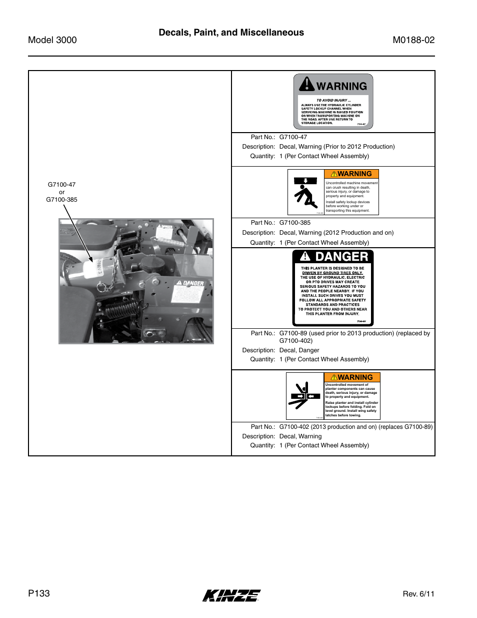 Rev. 6/11, Warning | Kinze 3000 Rigid Frame Planter Rev. 5/14 User Manual | Page 136 / 154