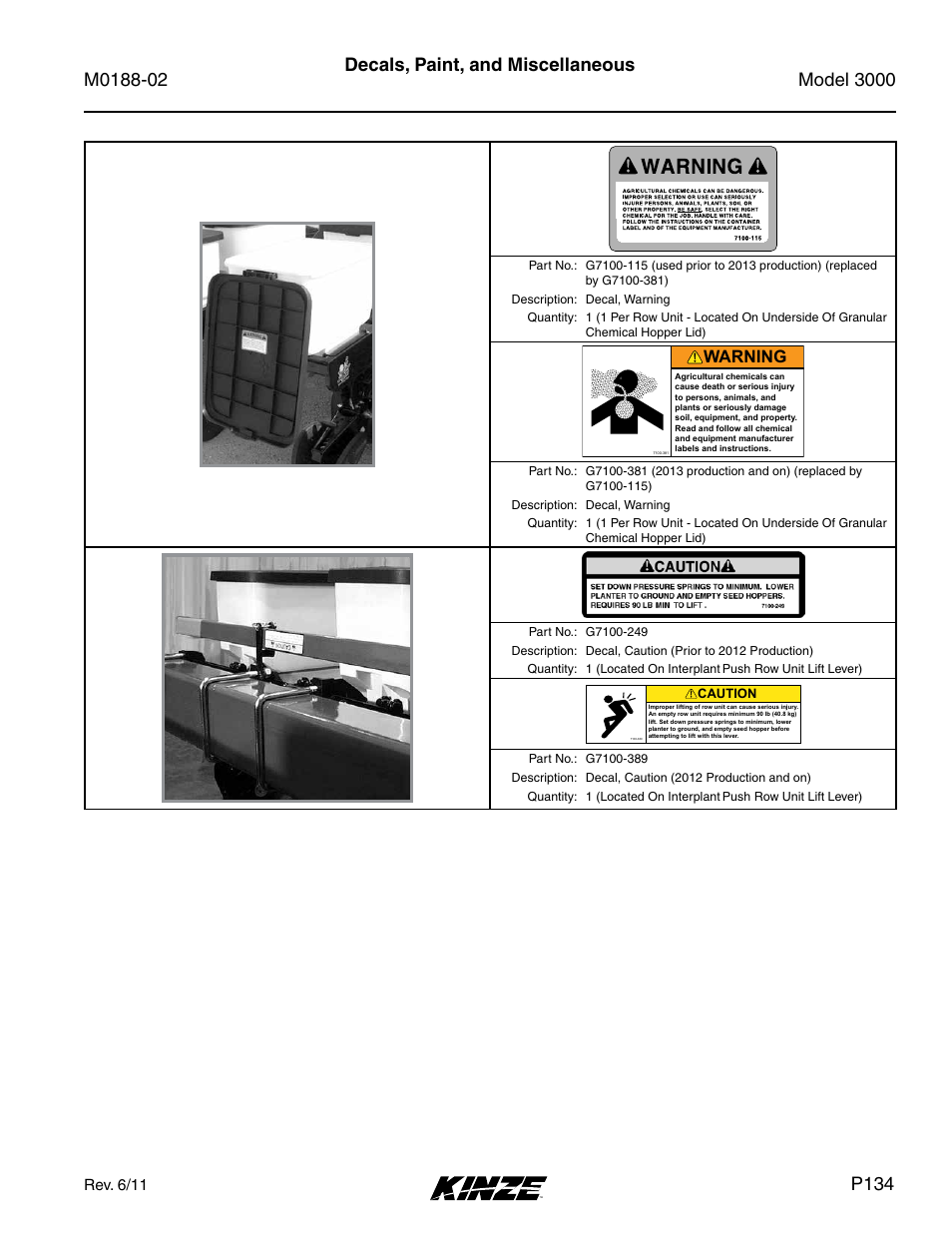 Decals, paint, and miscellaneous, P134, Warning | Rev. 6/11 | Kinze 3000 Rigid Frame Planter Rev. 5/14 User Manual | Page 137 / 154
