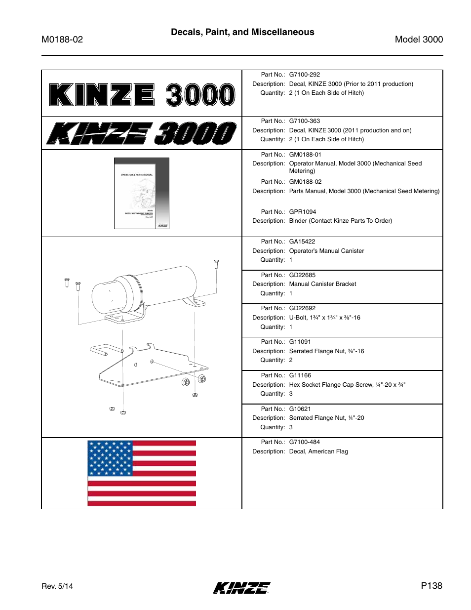 P138, Decals, paint, and miscellaneous | Kinze 3000 Rigid Frame Planter Rev. 5/14 User Manual | Page 141 / 154