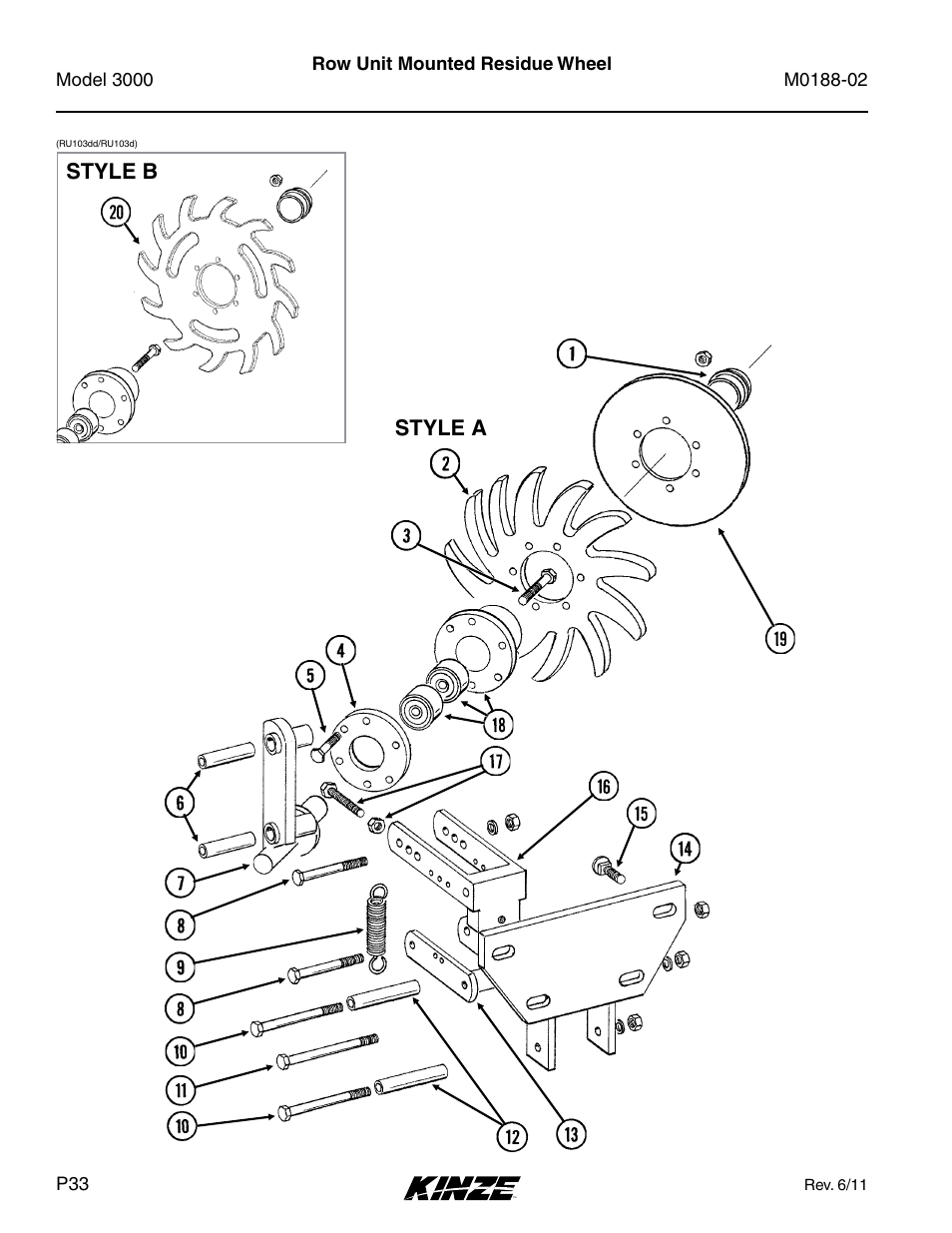 Row unit mounted residue wheel, Style a style b | Kinze 3000 Rigid Frame Planter Rev. 5/14 User Manual | Page 36 / 154
