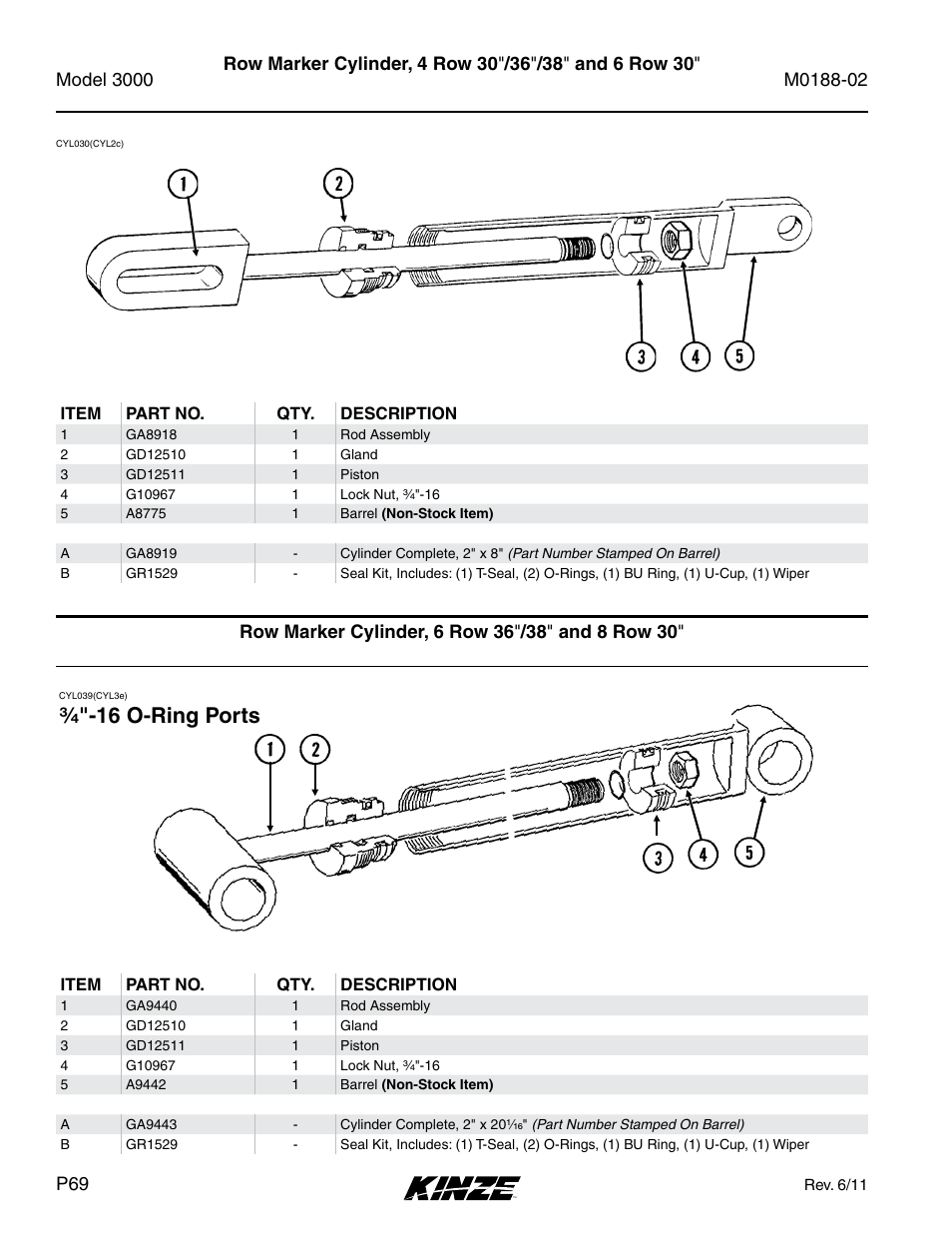 Row marker cylinder, 6 row 36"/38" and 8 row 30, 16 o-ring ports | Kinze 3000 Rigid Frame Planter Rev. 5/14 User Manual | Page 72 / 154