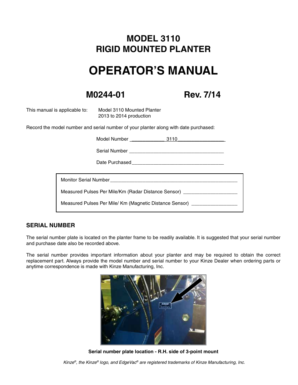 Kinze 3110 Mounted Planter Rev. 7/14 User Manual | 136 pages