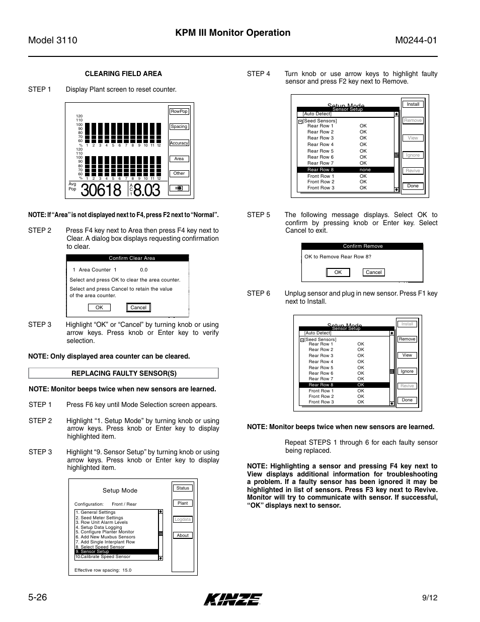 Clearing field area, Replacing faulty sensor(s), Clearing field area -26 | Replacing faulty sensor(s) -26, Kpm iii monitor operation, Area management | Kinze 3110 Mounted Planter Rev. 7/14 User Manual | Page 100 / 136