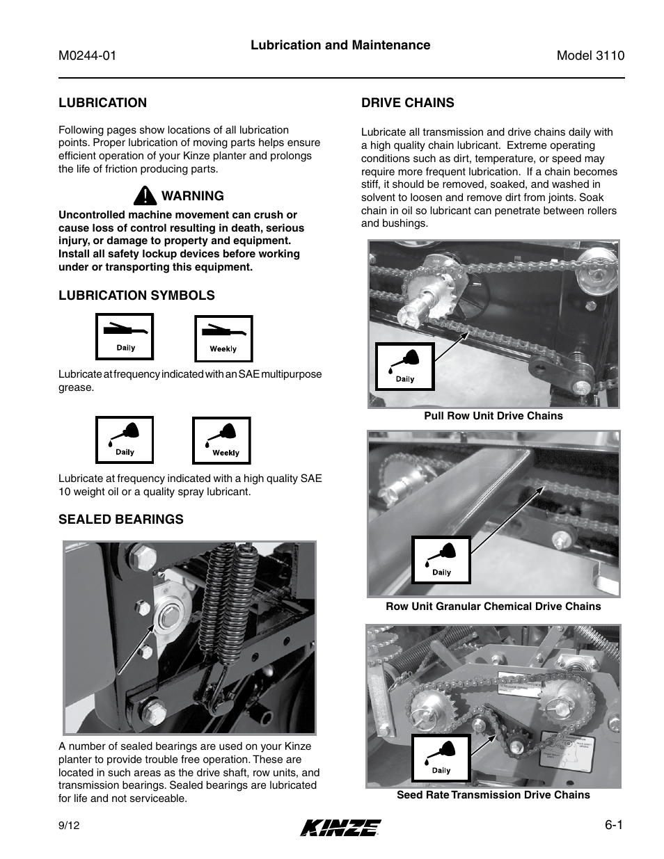 Lubrication and maintenance, Lubrication, Lubrication symbols | Sealed bearings, Drive chains, Lubrication -1, Lubrication symbols -1, Sealed bearings -1, Drive chains -1 | Kinze 3110 Mounted Planter Rev. 7/14 User Manual | Page 101 / 136