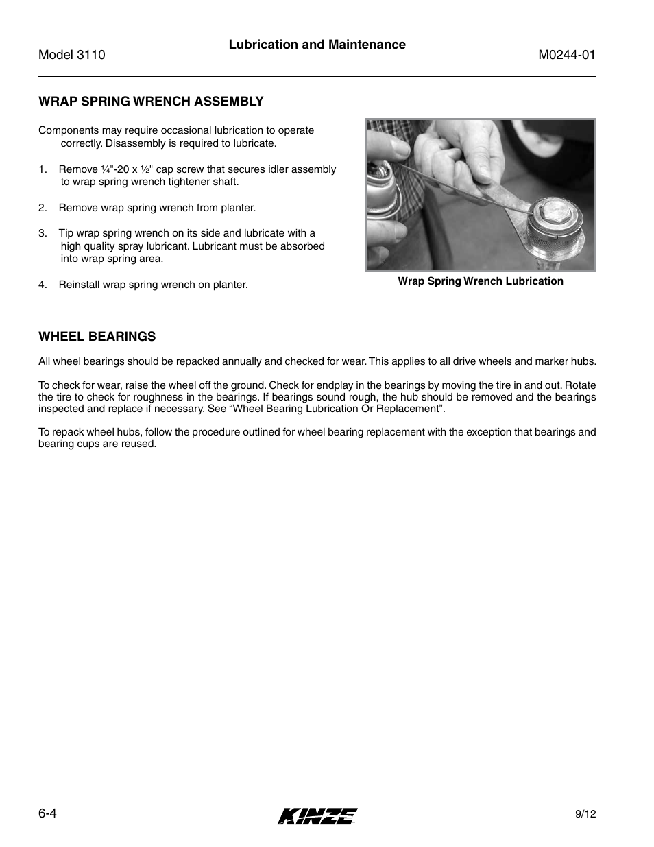 Wrap spring wrench assembly, Wheel bearings, Wrap spring wrench assembly -4 | Wheel bearings -4 | Kinze 3110 Mounted Planter Rev. 7/14 User Manual | Page 104 / 136