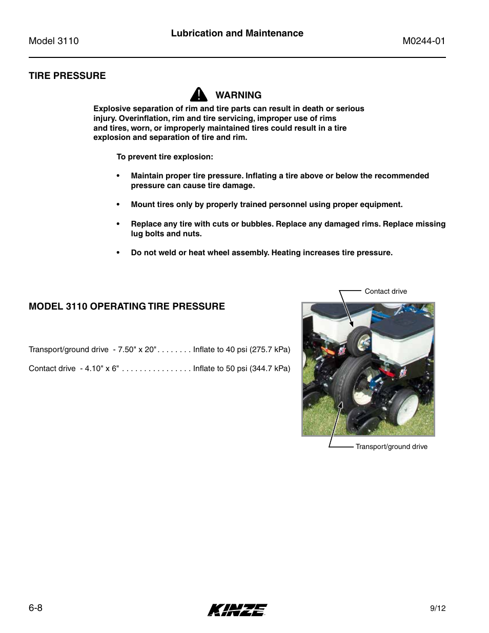 Tire pressure, Model 3110 operating tire pressure, Tire pressure -8 | Model 3110 operating tire pressure -8 | Kinze 3110 Mounted Planter Rev. 7/14 User Manual | Page 108 / 136