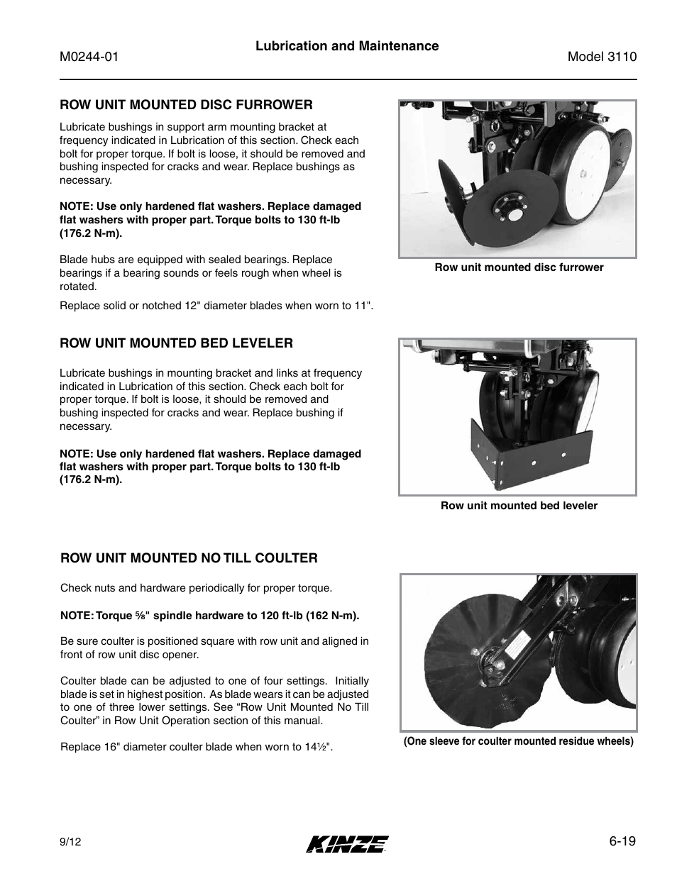 Row unit mounted disc furrower, Row unit mounted bed leveler, Row unit mounted no till coulter | Row unit mounted disc furrower -19, Row unit mounted bed leveler -19, Row unit mounted no till coulter -19 | Kinze 3110 Mounted Planter Rev. 7/14 User Manual | Page 119 / 136